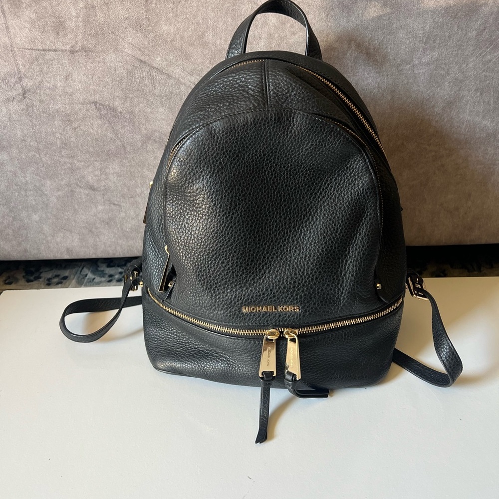 Michael Kors Black Pebbled Leather Small Backpack with Gold Hardware
